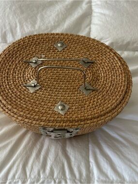 Woven Rattan Oval Storage Basket with Silver Hardware - Natural